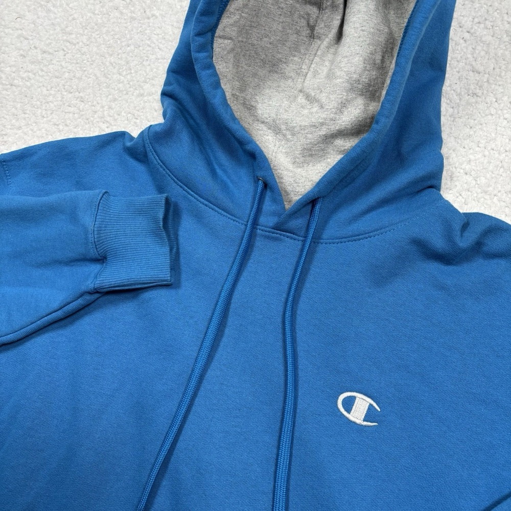 Champion Hoodie Blue Pullover Sweatshirt Mens M Embroidered Logo Pocket Athletic